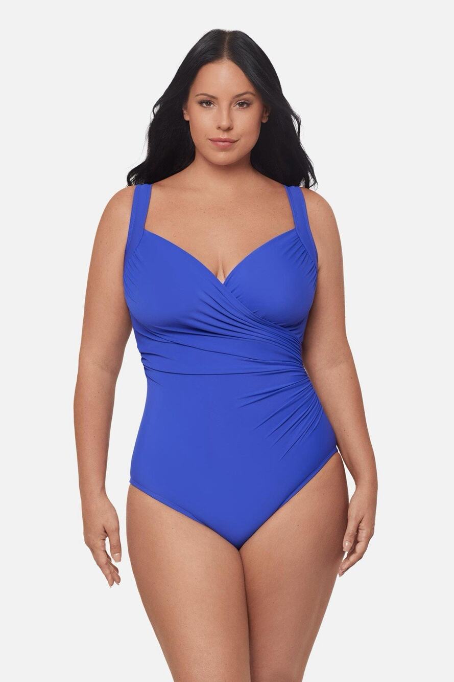 Miraclesuit Sanibel Size 10 Blue One Piece Swimsuit Tummy Control Ruched Wrap